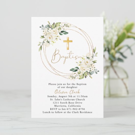 ホワイトフローラバプテスマ《キリスト教》洗礼式や命名式金ゴールドフレーム 招待状 (スタンド正面)