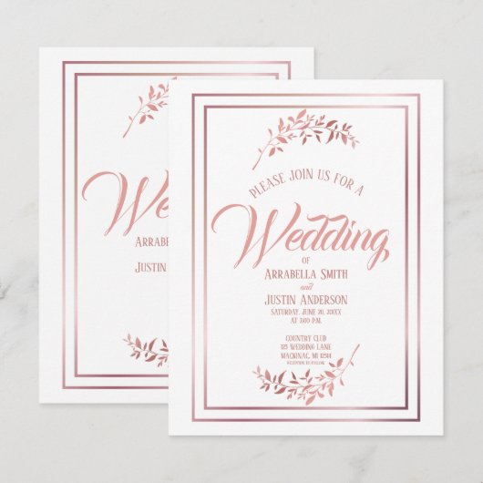 ホワイトフローラバラ金ゴールドスクリプトエレガントな結婚式 招待状 (正面/裏面)