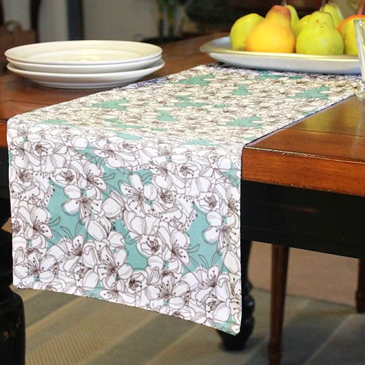 ホワイトフローラバンチアクアティール(緑がかった色)ブラウン ショートテーブルランナー