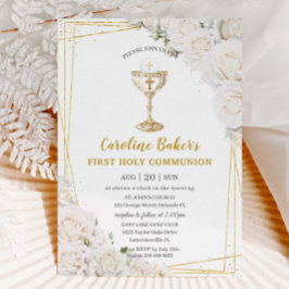 ホワイトフローラファースト・ホーリー・コミュニオン金ゴールド・チャイス 招待状
