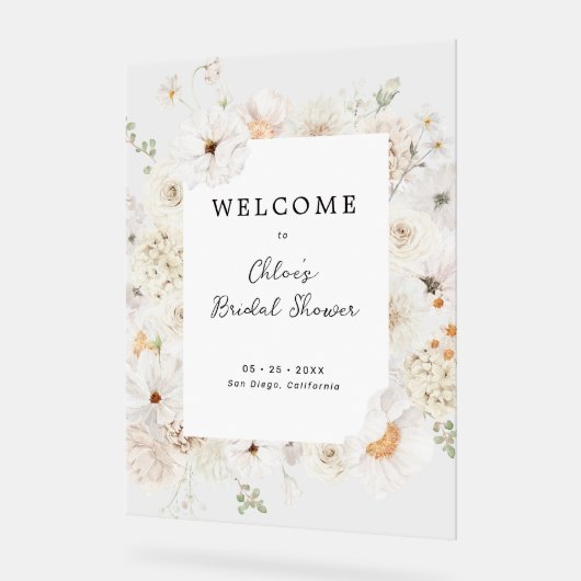 ホワイトフローラブライダルシャワーへようこそ アクリルサイン (傾斜)