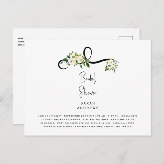 ホワイトフローラブライダルシャワーエレガント招待状 ポストカード (正面/裏面)