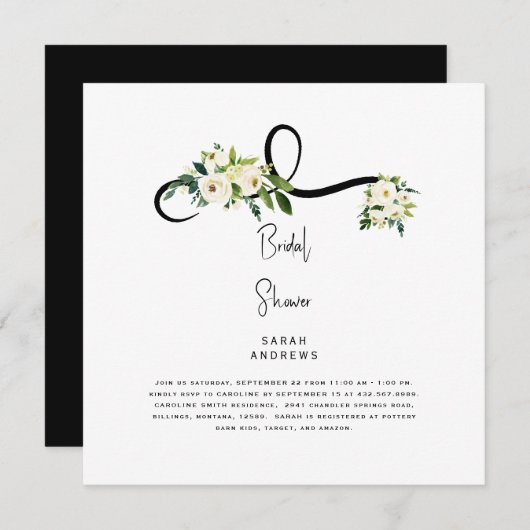 ホワイトフローラブライダルシャワーB/Wスクエア 招待状 (正面/裏面)