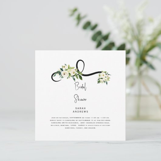 ホワイトフローラブライダルシャワーB/Wスクエア 招待状 (スタンド正面)