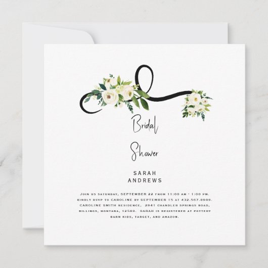 ホワイトフローラブライダルシャワーB/Wスクエア 招待状 (正面)