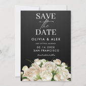 ホワイトフローラブラックウェディング日付を保存 招待状 (正面)