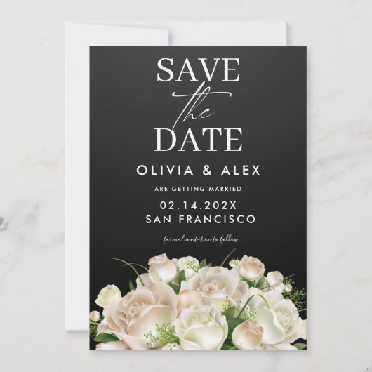 ホワイトフローラブラックウェディング日付を保存 招待状 (正面)