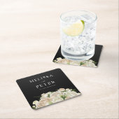 ホワイトフローラブラックエレガントミニマ結婚リスト スクエアペーパーコースター (インサイチュ)