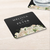 ホワイトフローラブラックエレガントミニマ結婚リスト スクエアペーパーコースター (アングル)