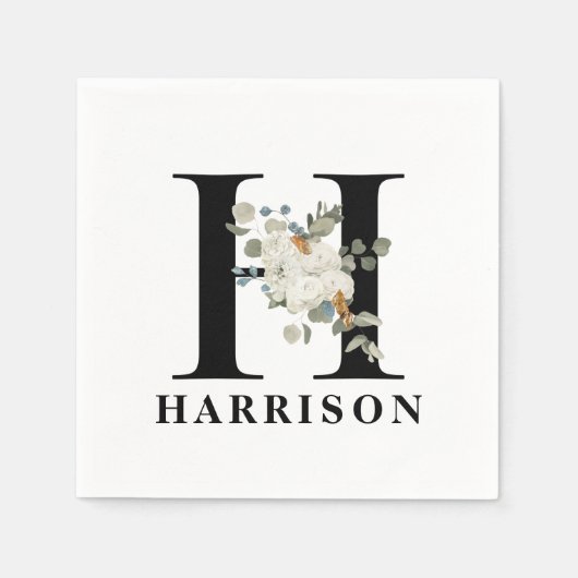 ホワイトフローラブラックモノグラムH スタンダードカクテルナプキン (正面)