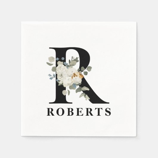 ホワイトフローラブラックモノグラムR スタンダードカクテルナプキン (正面)