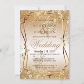 ホワイトフローラブランチおよび金ゴールドグリッター 招待状 (正面)