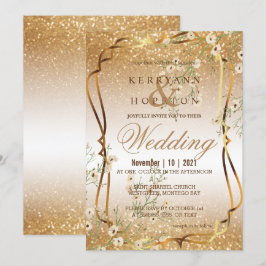 ホワイトフローラブランチおよび金ゴールドグリッター 招待状