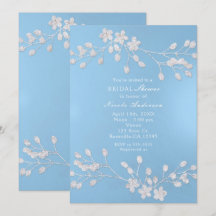 ホワイトフローラブランチブルーブライダルシャワー招待状