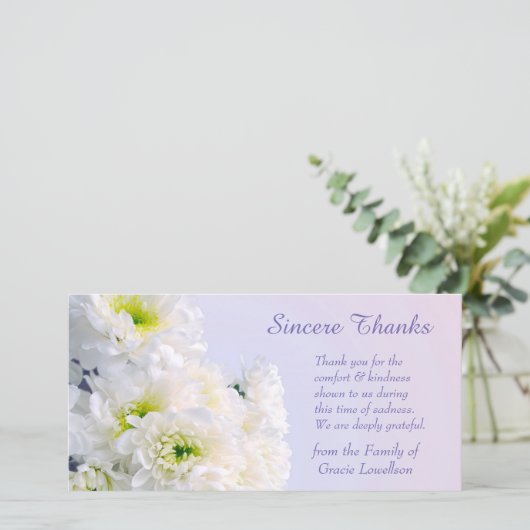 ホワイトフローラブーケ悔やみや弔慰サンキュー サンキューカード (スタンド正面)