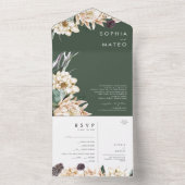 ホワイトフローラブーケ |ダークグリーンシールと送信 オールインワン招待状 (内側)
