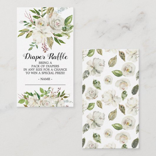 ホワイトフローラベビーシャワーおむつラッフルチケット エンクロージャーカード (正面/裏面)
