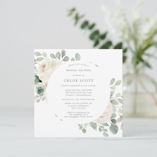 ホワイトフローラボタニカルスクエアブライダルシャワーインビタ 招待状 (スタンド正面)