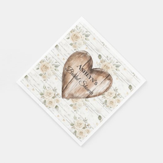 ホワイトフローラボホフェイクウッドハートブライダルシャワー スタンダードランチョンナプキン (角)