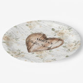 ホワイトフローラボホフェイクウッドハートブライダルシャワー ペーパープレート (アングル)