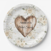 ホワイトフローラボホフェイクウッドハートブライダルシャワー ペーパープレート (正面)