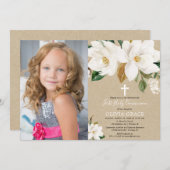 ホワイトフローラマグノリアラスティック初のコミュニオン写真 招待状 (正面/裏面)