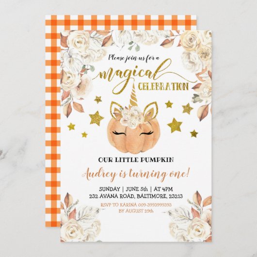 ホワイトフローラユニコーンカボチャが1回転 招待状 (正面/裏面)