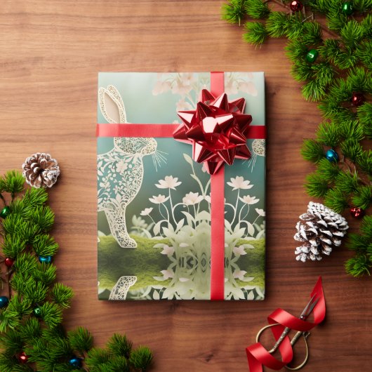 ホワイトフローララビット春アート ラッピングペーパー (クリスマスギフト)