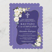 ホワイトフローララベスペインのンダー1歳バプテスマ 招待状 (正面/裏面)