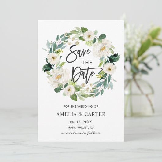 ホワイトフローラリースウェディング日付カードを保存 セーブザデート (スタンド正面)