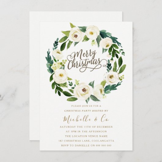 ホワイトフローラリースオフィスファミリークリスマスパーティー 招待状 (正面/裏面)