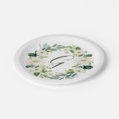 ホワイトフローラリースモノグラム紙プレート ペーパープレート (アングル)