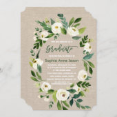 ホワイトフローラリースBurlap手書き卒業 招待状 (正面/裏面)