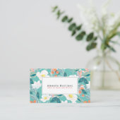 ホワイトフローラルパターンライトティール（緑がかった色）ママ 名刺 (スタンド正面)