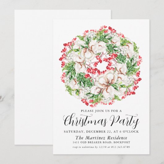 ホワイトフローラレッドベリーリースクリスマスパーティー 招待状 (正面/裏面)