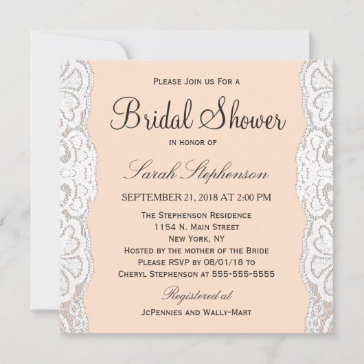 ホワイトフローラレースオンピーチベージュ 招待状 (正面)
