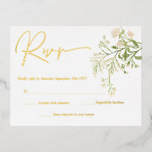 ホワイトフローラワイルドフラワーズボタニカルRSVPカード金ゴールド 箔招待状ポストカード (正面)