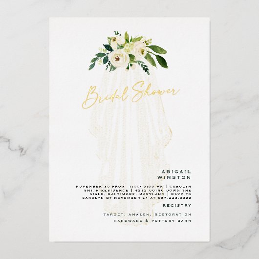 ホワイトフローラヴェイルゴールドフォイルブライダルシャワー 箔招待状 (正面)