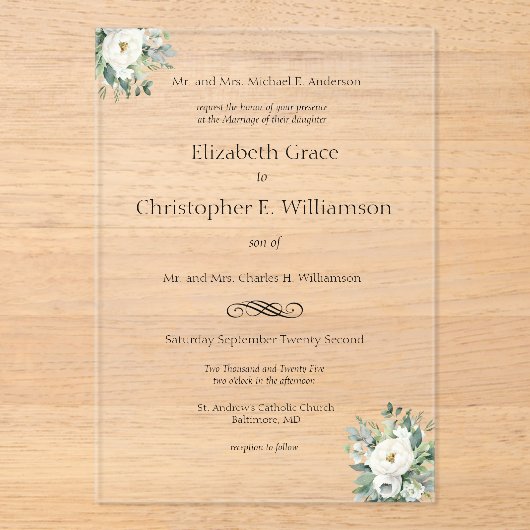 ホワイトフローラ伝統的グフォーマル結婚リーズ アクリル招待状 (正面)