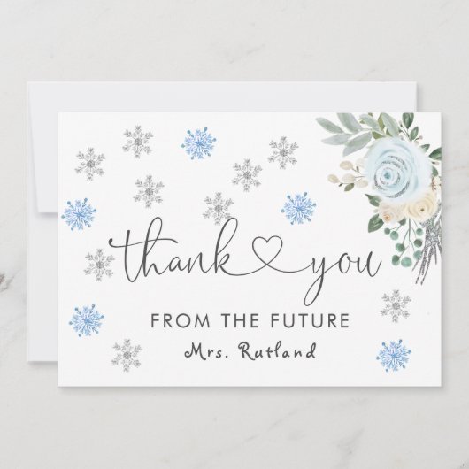 ホワイトフローラ冬ブライダルシャワー雪片 サンキューカード (正面)
