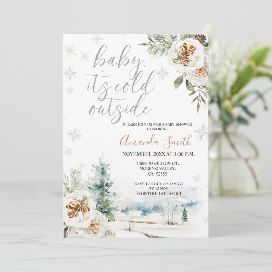 ホワイトフローラ外は寒いベイビーシャワーInvita 招待状 (スタンド正面)