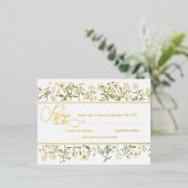 ホワイトフローラ植物野草RSVP実在金ゴールド 箔招待状ポストカード (立ち正面)