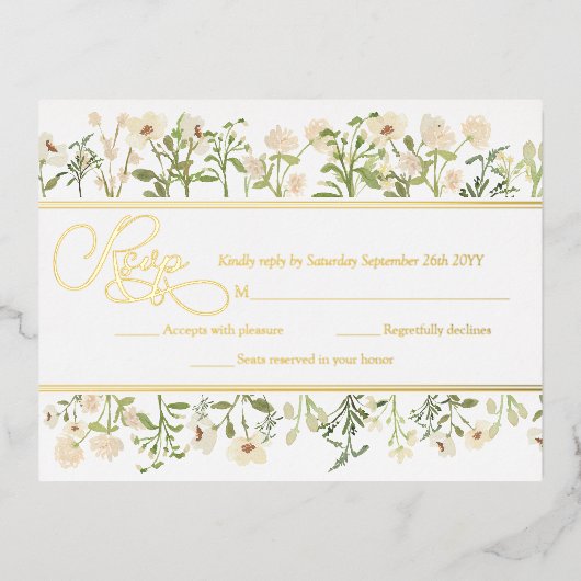 ホワイトフローラ植物野草RSVP実在金ゴールド 箔招待状ポストカード (正面)