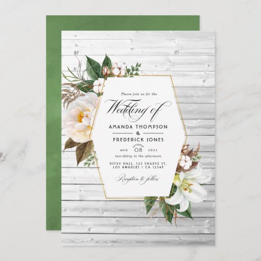 ホワイトフローラ素朴バーンドカントリー結婚式の写真Inv 招待状 (正面/裏面)