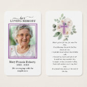 ホワイトフローラ紫フォト葬儀祈りの言葉カード (正面&裏面)