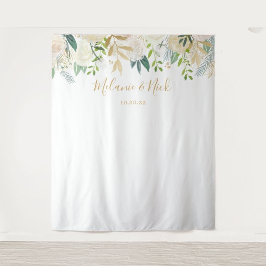 ホワイトフローラ結婚グリーンリーの写真背景 タペストリー (正面)