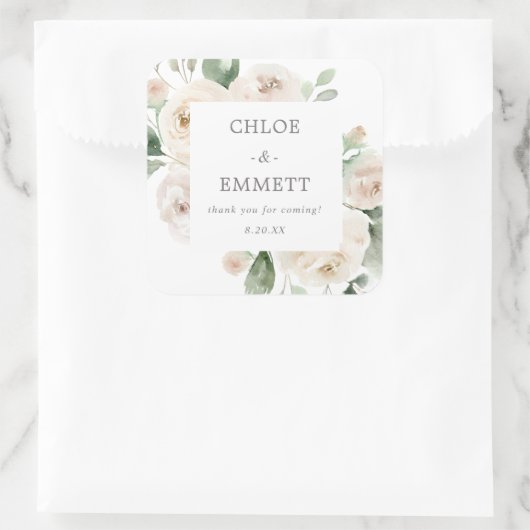 ホワイトフローラ結婚ズケーキボックスの好意ステッカー スクエアシール (バッグ)