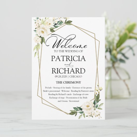 ホワイトフローラ結婚式プログラムカード 招待状 (スタンド正面)