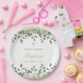 ホワイトフローラ緑シンプルのモダン洗礼 ペーパープレート (パーティー)