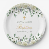 ホワイトフローラ緑シンプルのモダン洗礼 ペーパープレート (正面)